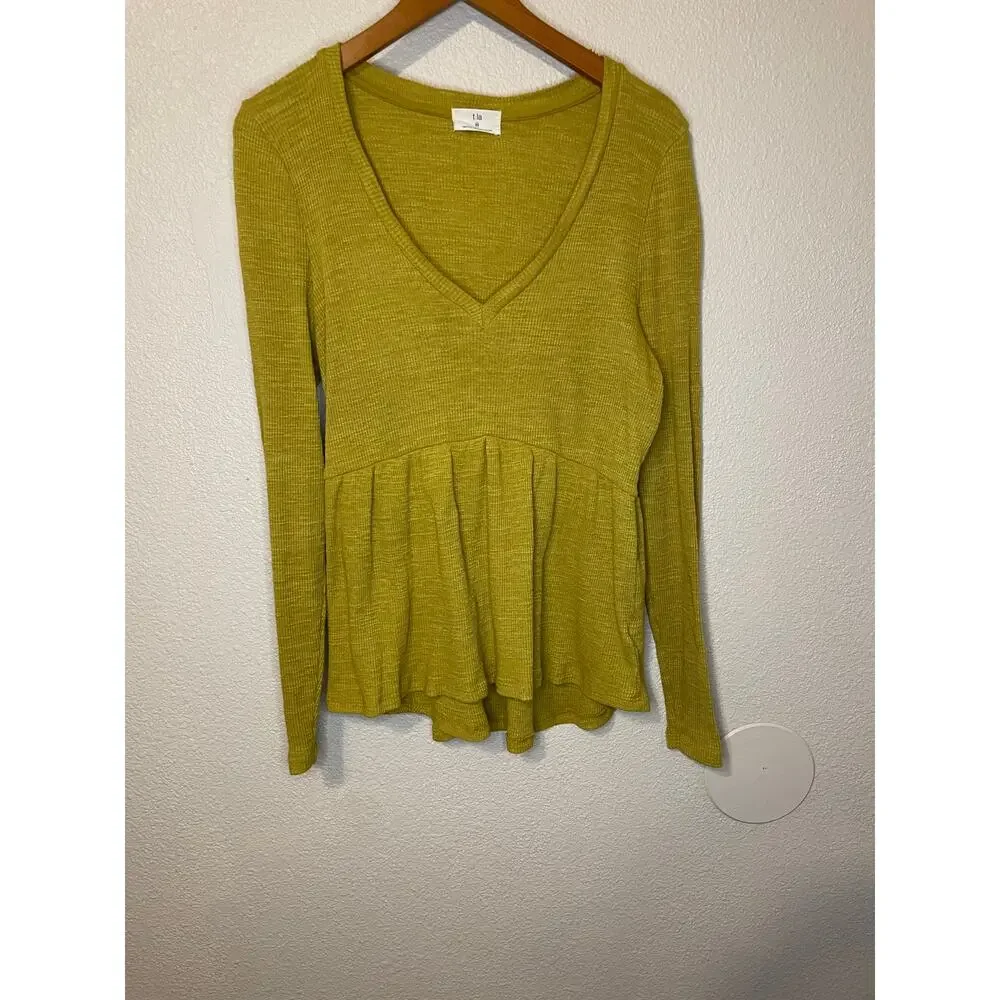 Anthropologie T.La V Neck Ribbed Babydoll Long Sleeve Top Citron Yellow Green XS - Picture 9 of 15